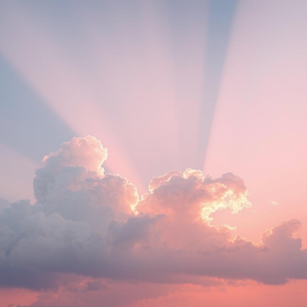 A serene landscape featuring a stunning pink sky adorned with fluffy white clouds