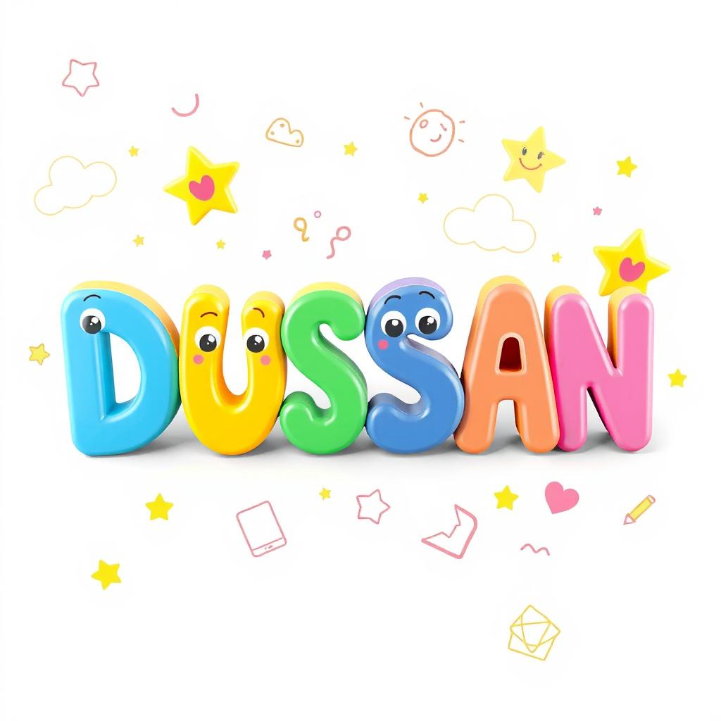 A playful 3D representation of the name "DUSAN" designed in a kid-friendly style, with each letter featuring happy eyes and wide smiles that bring joy to the design