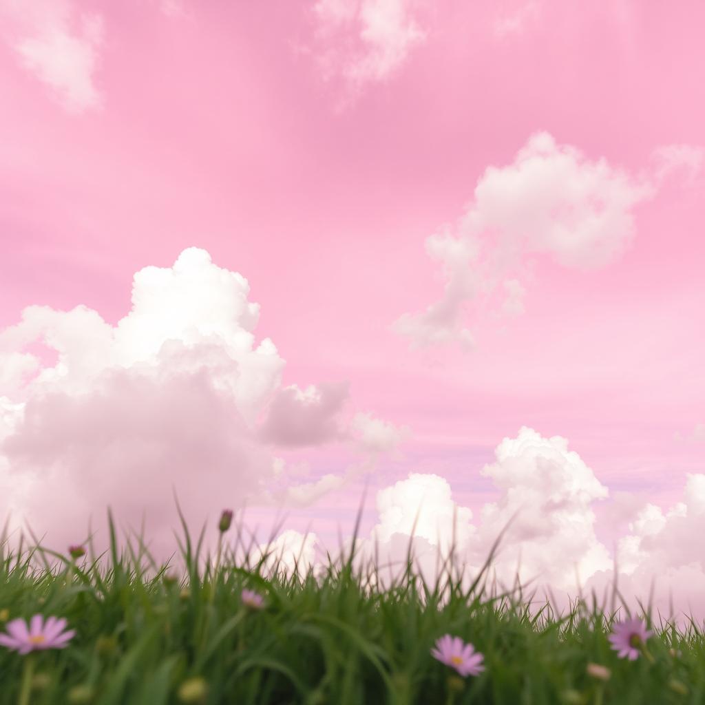 A stunning view of a pink sky filled with fluffy white clouds, captured from the ground perspective, with grass and flowers in the foreground adding to the serene atmosphere