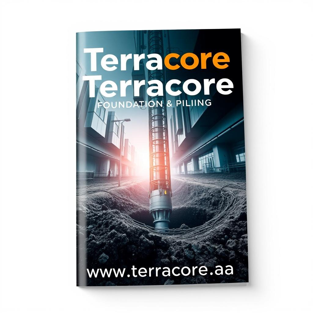 A high-quality, clear front cover design for an A4 booklet titled 'Terracore Foundation & Piling'