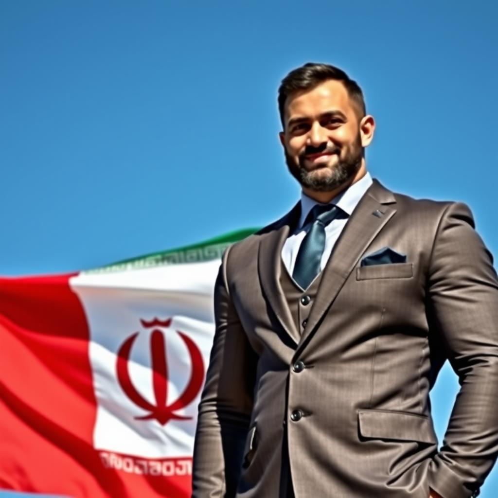 A muscular Iranian man in a diplomatic outfit standing proudly beside the Iranian flag