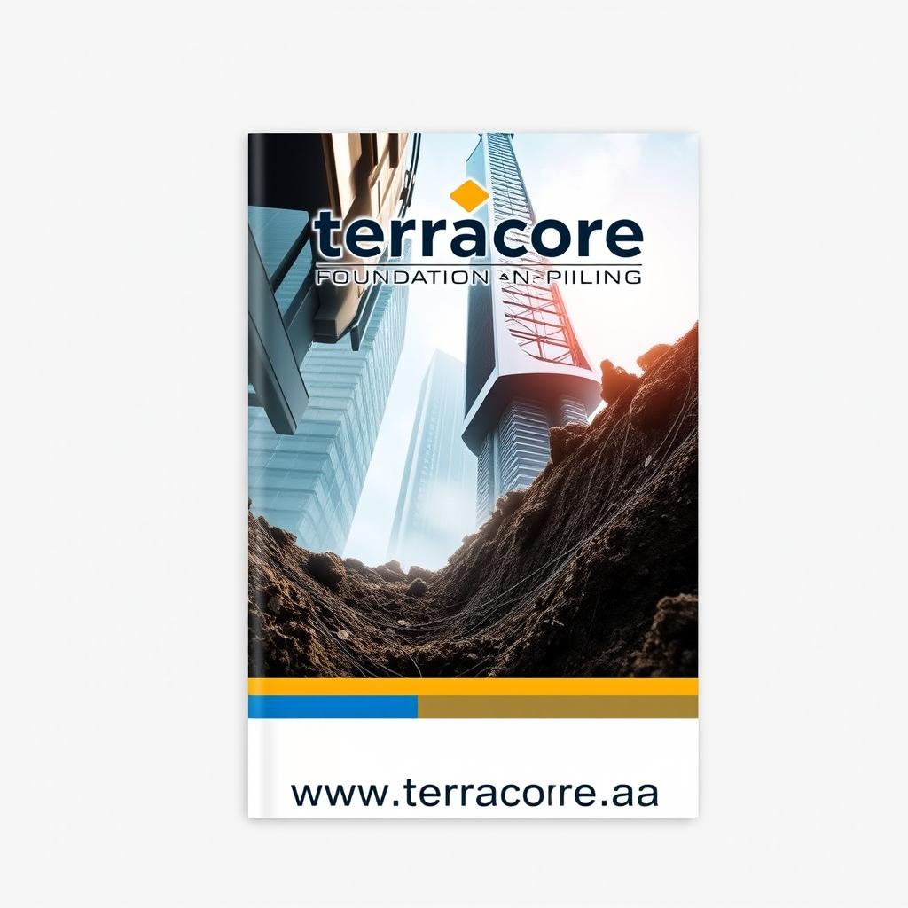 A high-quality, clear front cover design for an A4 booklet titled 'Terracore Foundation & Piling'