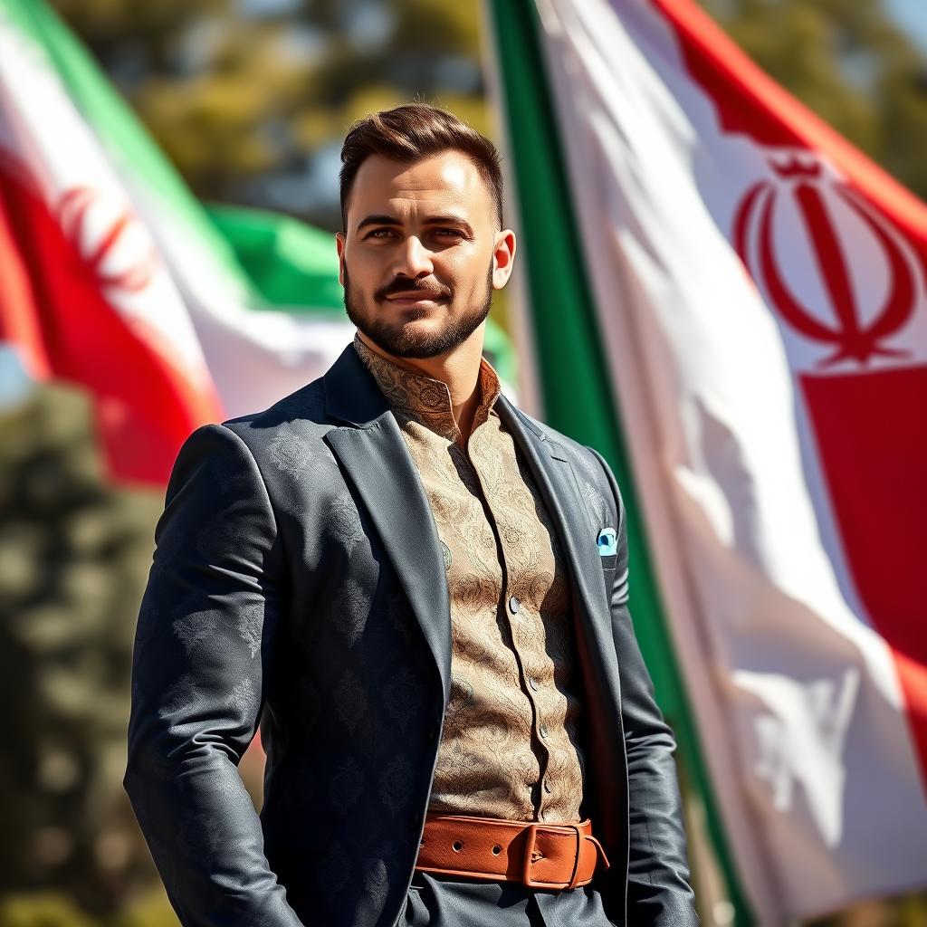 A strong, muscular man standing next to the Iranian flag, dressed in an elegant Iranian diplomat attire