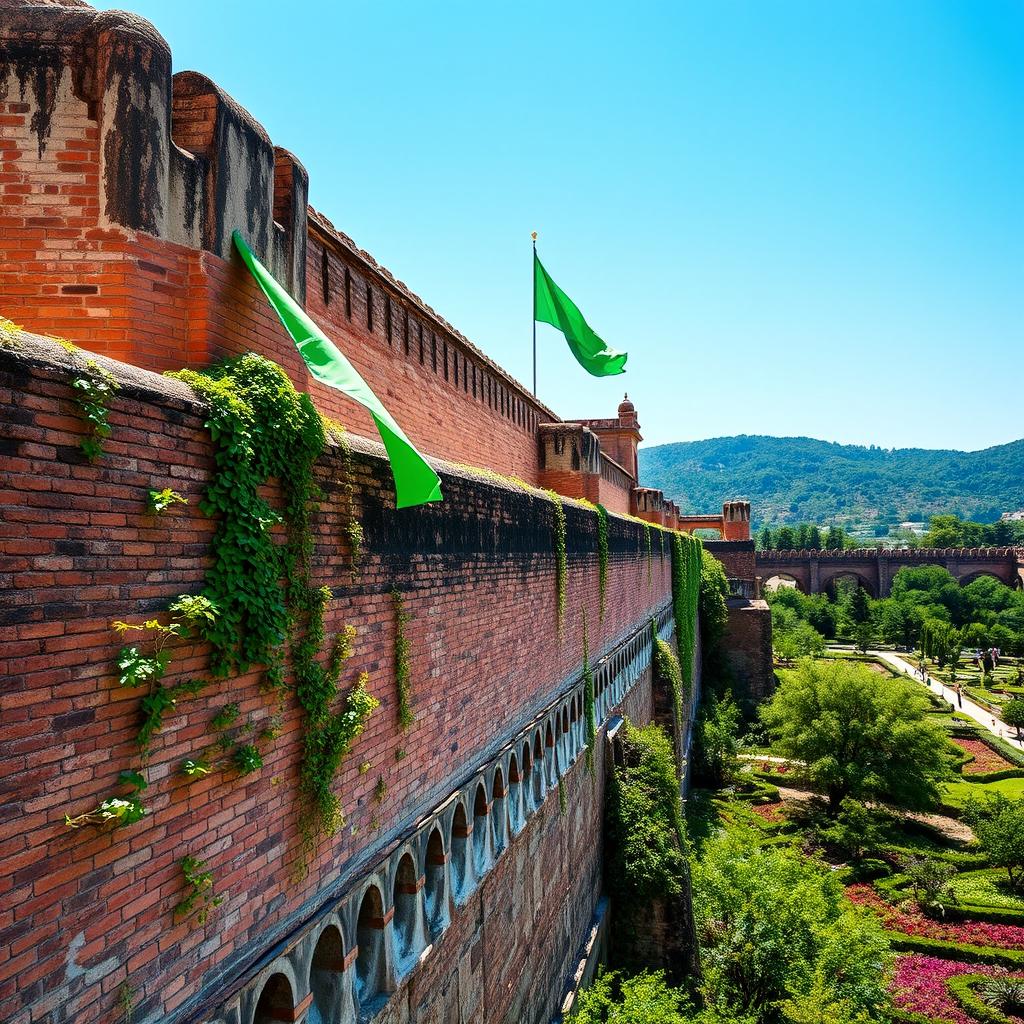 A grand and magnificent palace featuring ancient walls adorned with a striking green flag fluttering in the wind