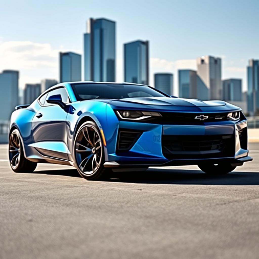 A sleek and futuristic 2030 Chevy Camaro, showcasing an aerodynamic design with sharp lines and a bold front grille