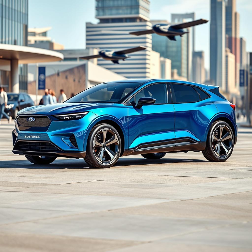 A futuristic 2030 Ford Maverick, showcasing a sleek and aerodynamic design with bold lines and a modern aesthetic
