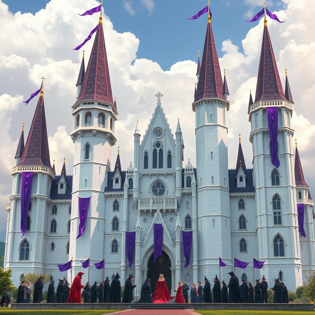 A very large, magnificent white castle with towering spires and elegant turrets, set in a fantastical and magical world