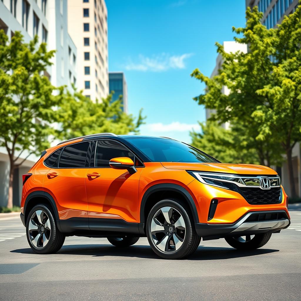 A futuristic 2030 Honda SUV painted in a vibrant orange hue, showcasing a sleek and aerodynamic design with advanced features such as LED lights embedded in the bodywork, smart glass technology, and unique wheel designs