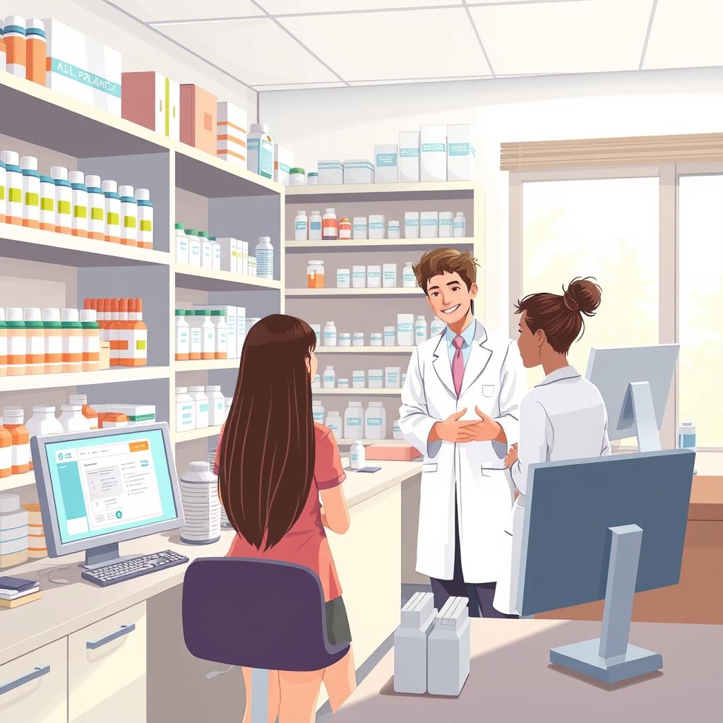An educational and informative illustration depicting a clinical pharmacy setting