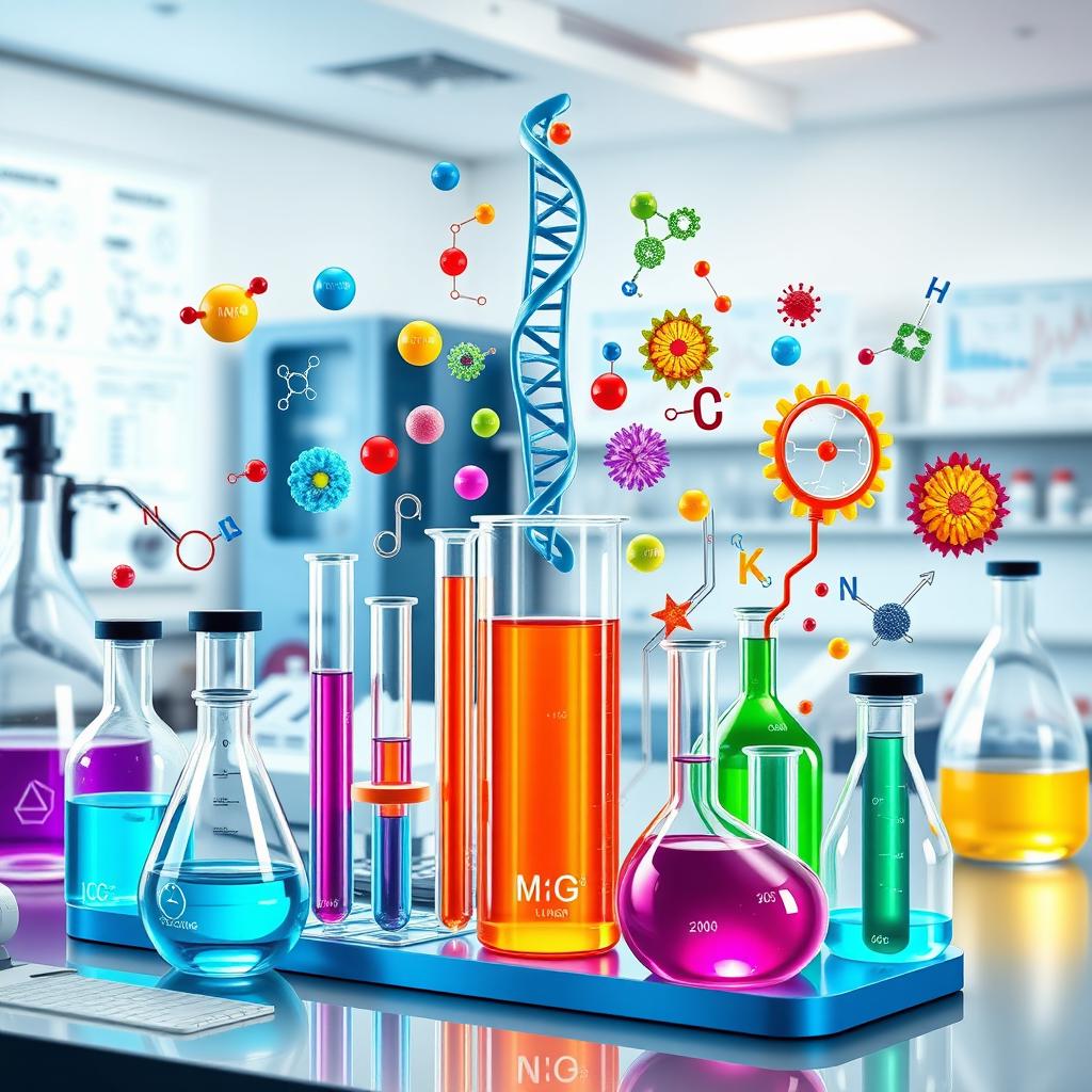A detailed and visually engaging representation of pharmaceutical biochemistry, showcasing various biochemical processes involved in drug development, including molecular structures of drugs, enzyme interactions, and cellular pathways