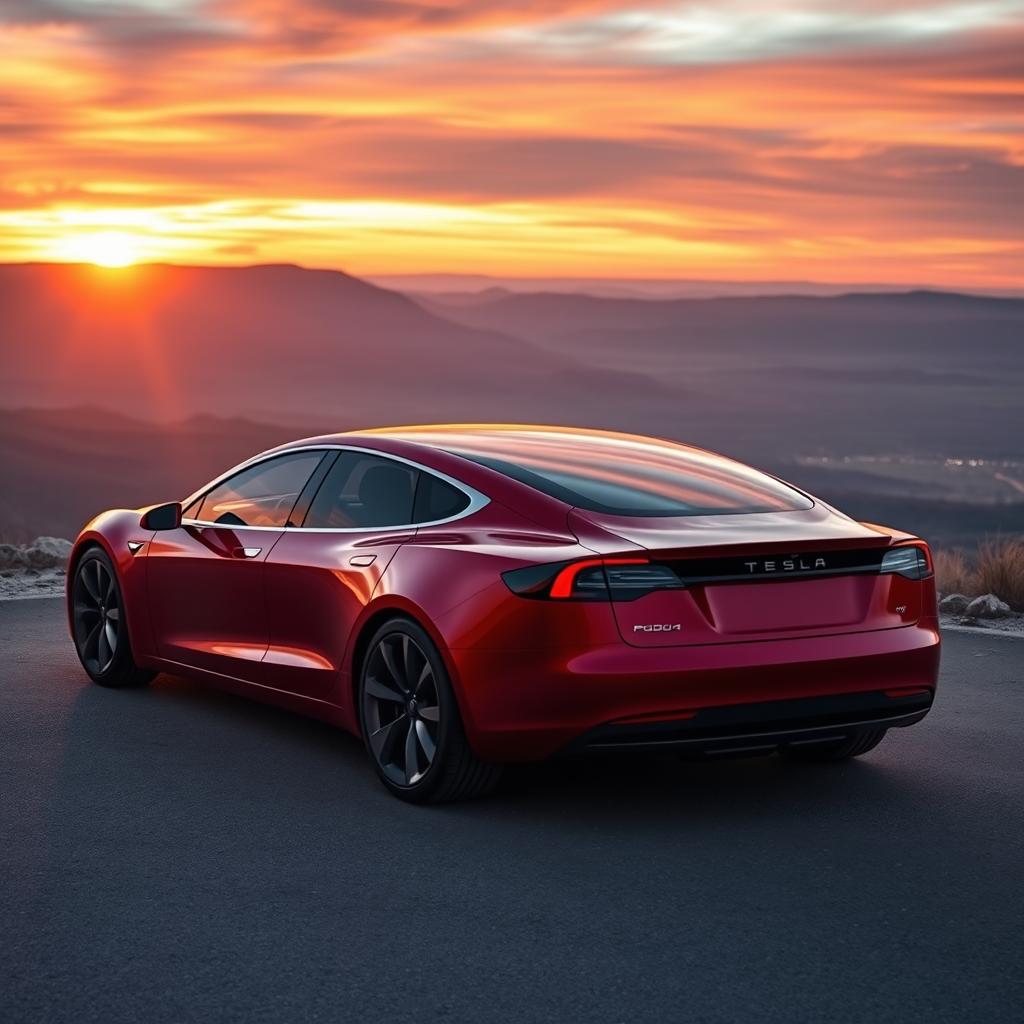 A sleek, modern 2030 red Tesla car, showcasing its futuristic design and advanced features, parked at a scenic overlook