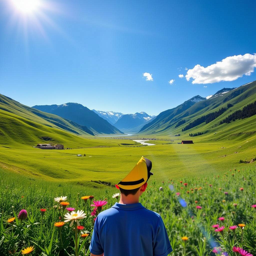 A breathtaking valley landscape featuring lush green hills rolling into the distance, a meandering river reflecting the clear blue sky, and majestic mountains rising on the horizon