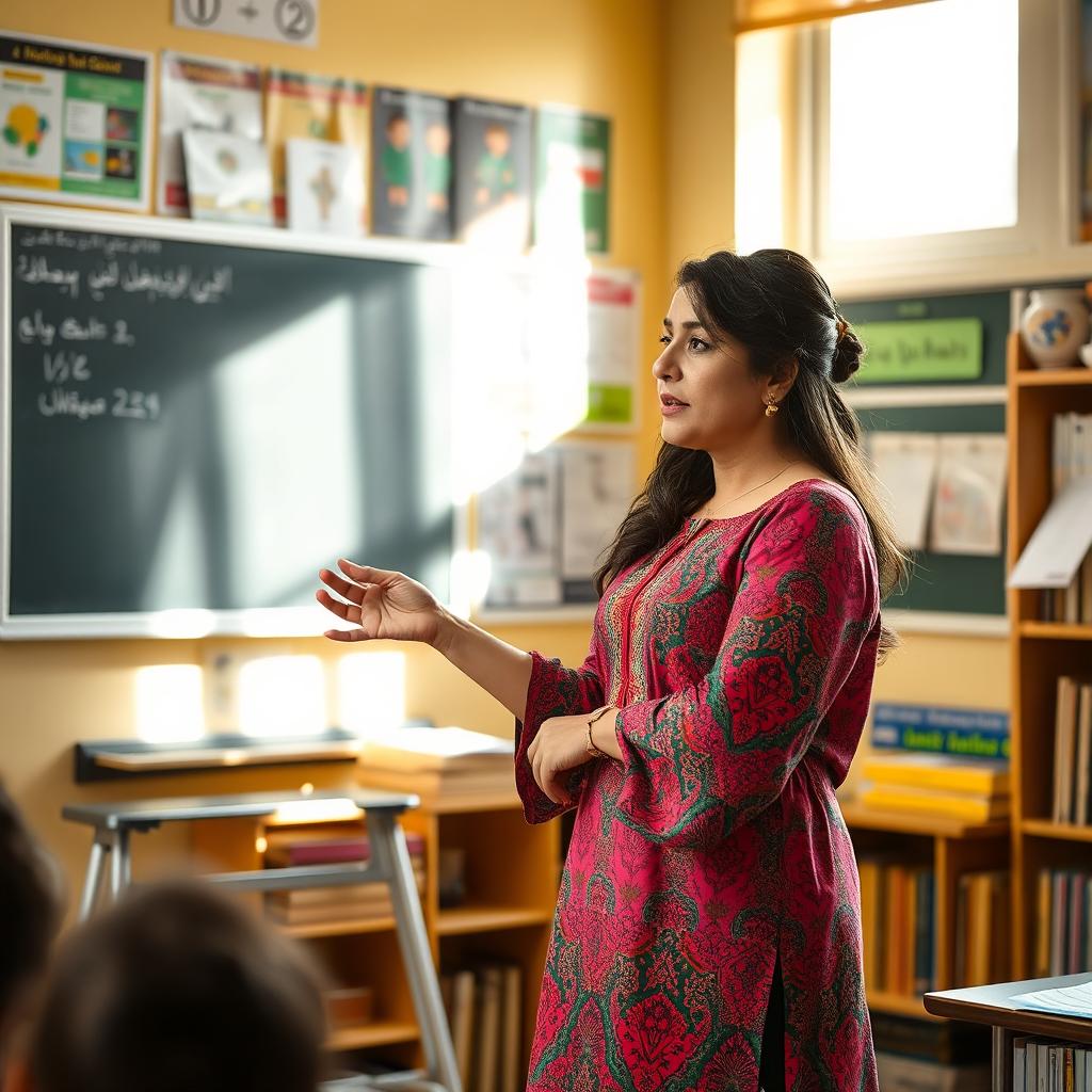 An Iranian female teacher standing by a blackboard, engaged in teaching a class