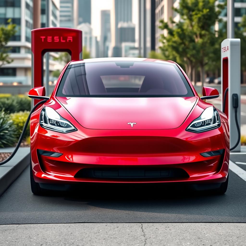 A sleek, futuristic red Tesla vehicle parked at an urban charging station, shown in a 3/4 front view perspective