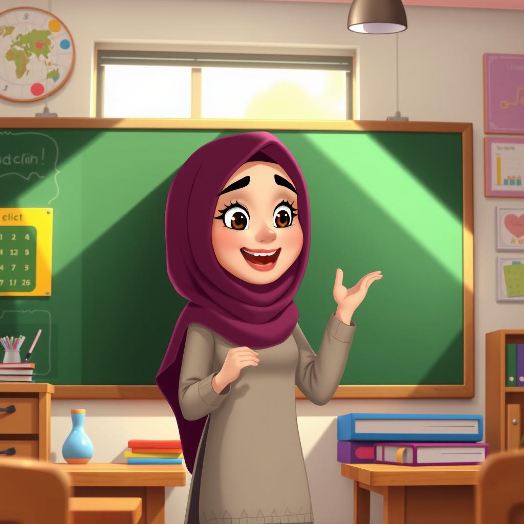 An animated scene of an Iranian female teacher wearing a full hijab, standing by a blackboard that is blank