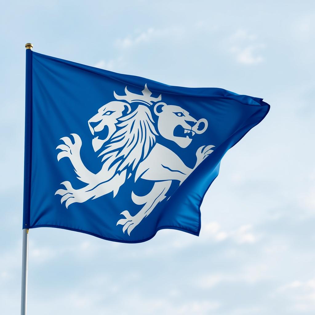 A striking blue flag featuring a majestic design of a white lion with three heads, symbolizing strength and nobility