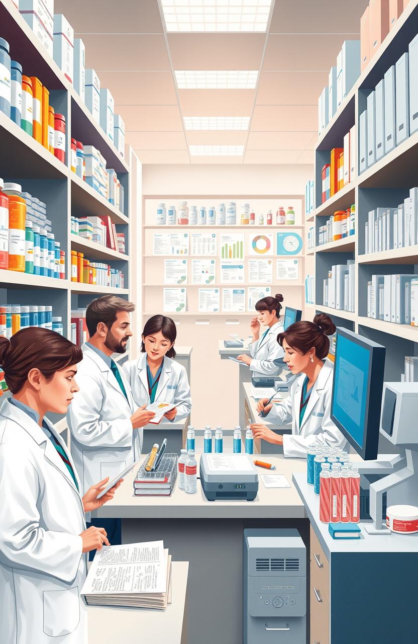 A detailed and informative illustration depicting a bustling clinical pharmacy within a clinical pathology lab