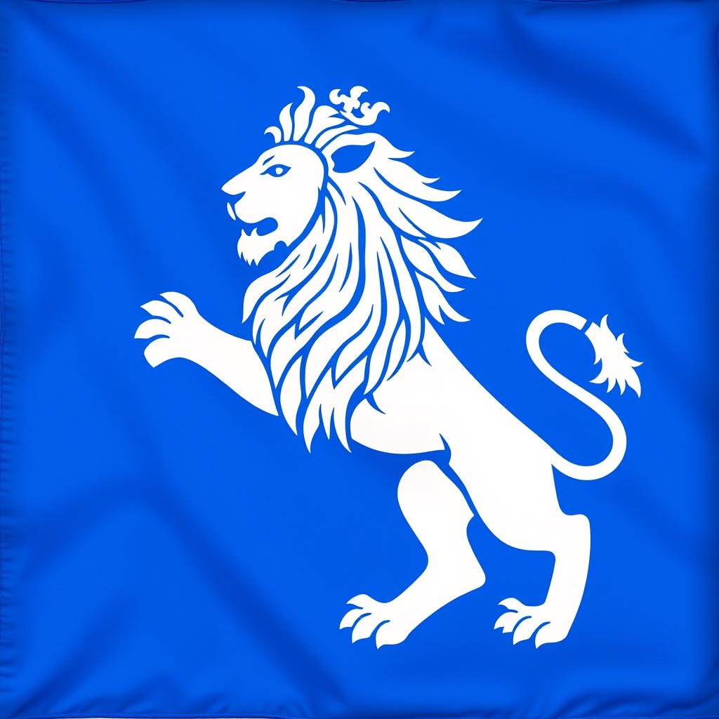 A stunning blue flag displaying a majestic white lion, exuding grace and power