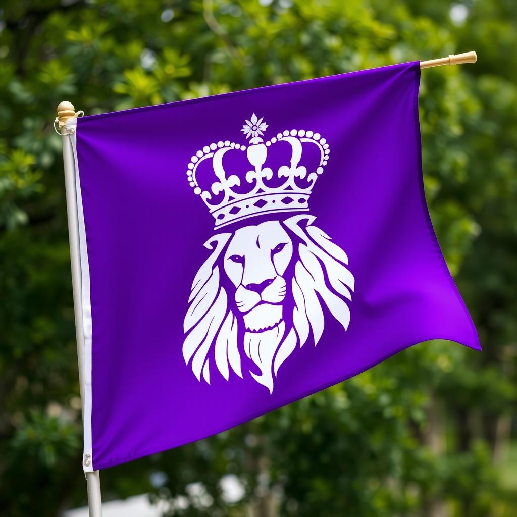 A striking purple flag featuring a symbolic representation of a white lion adorned with a large, ornate crown atop its head