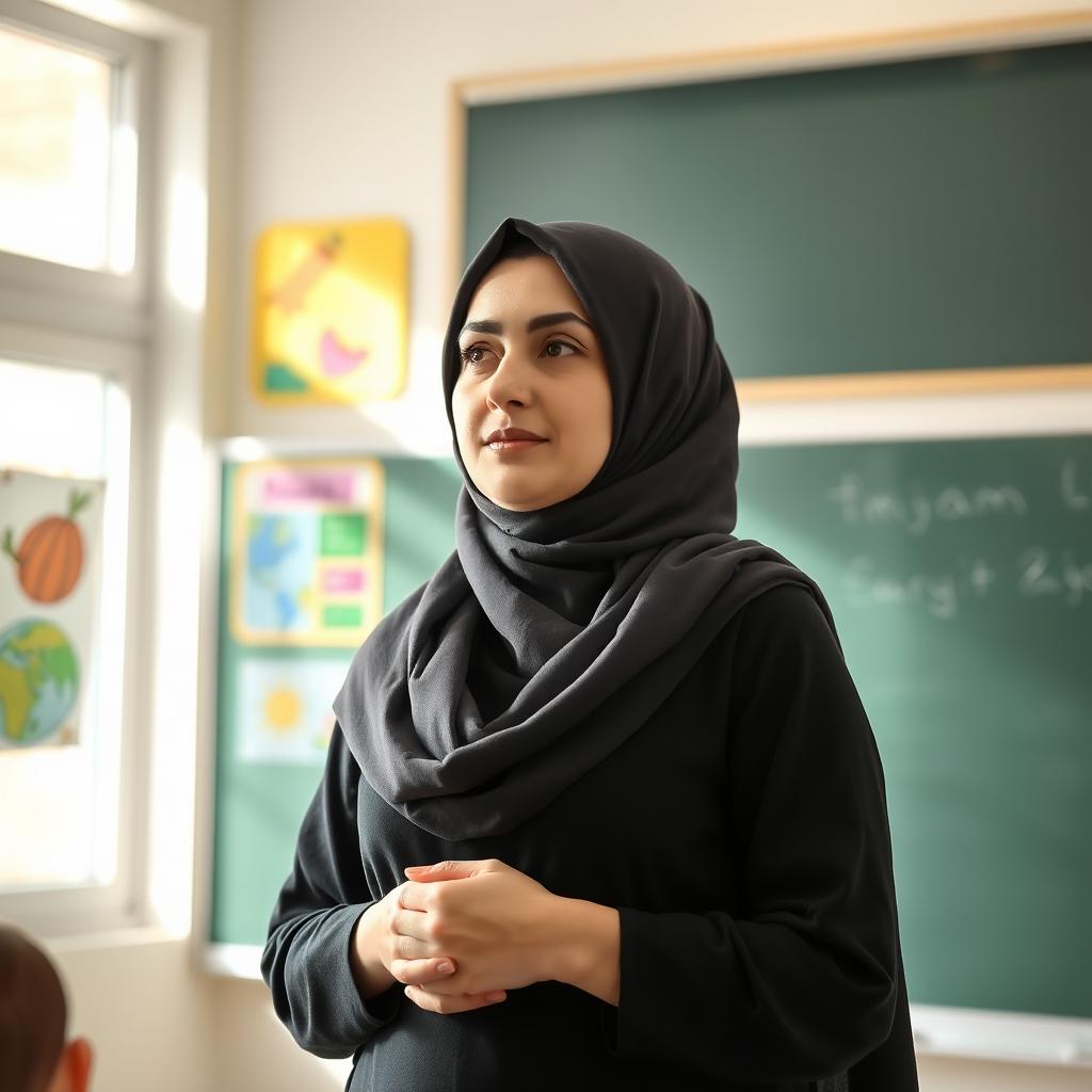 An Iranian female teacher in a complete hijab standing in front of a blackboard, teaching a class