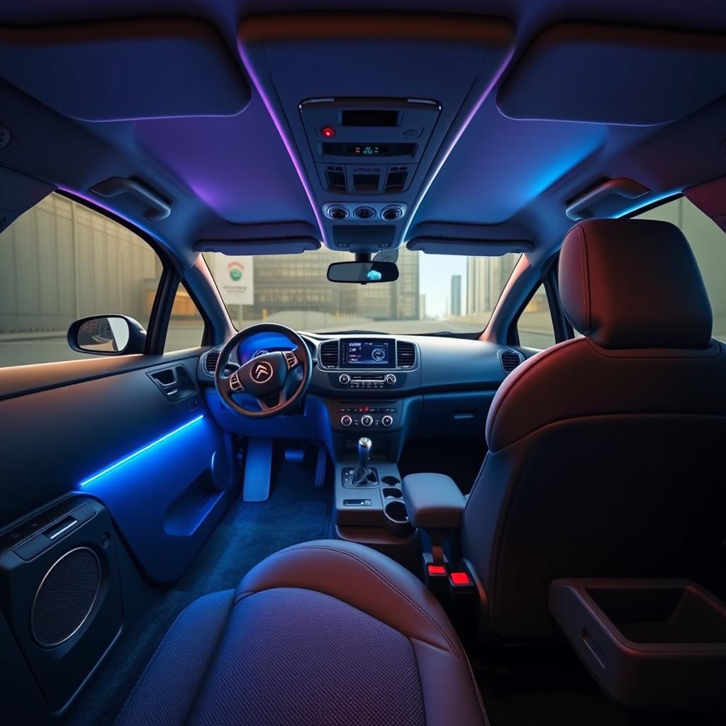 A detailed interior view of a 2008 Citroen C4 Picasso, showcasing a customized and tuned interior