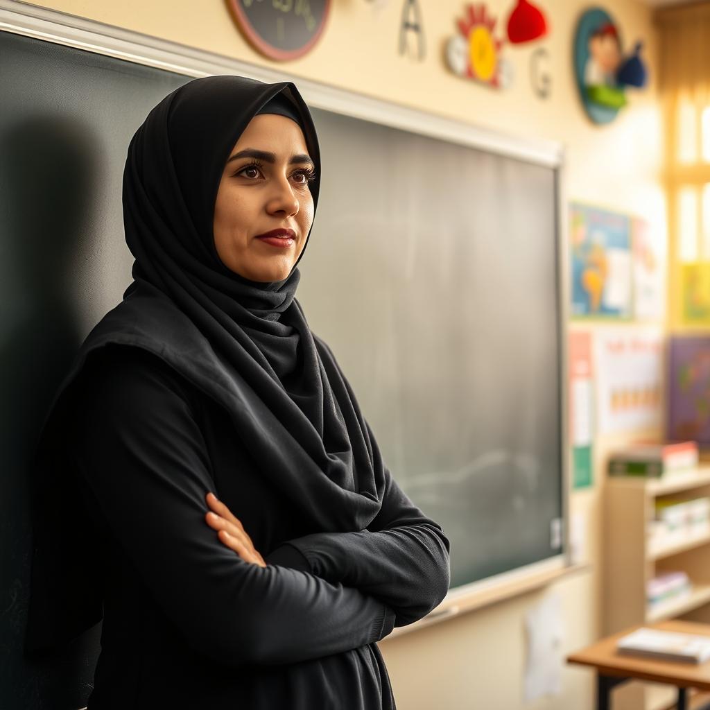 An Iranian female teacher in a complete hijab standing next to a blackboard, teaching a lesson