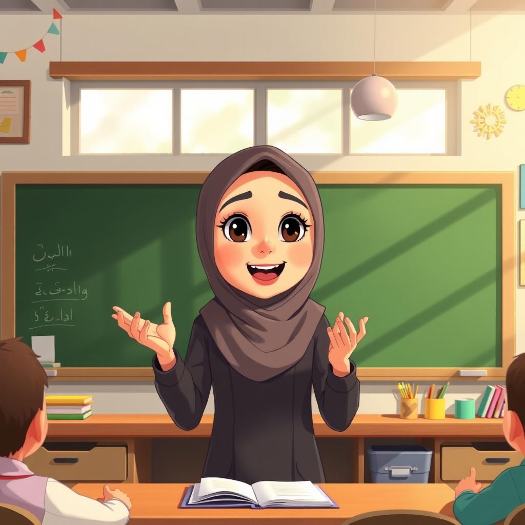 An animated illustration of an Iranian female teacher wearing a full hijab, passionately teaching in front of a blank blackboard