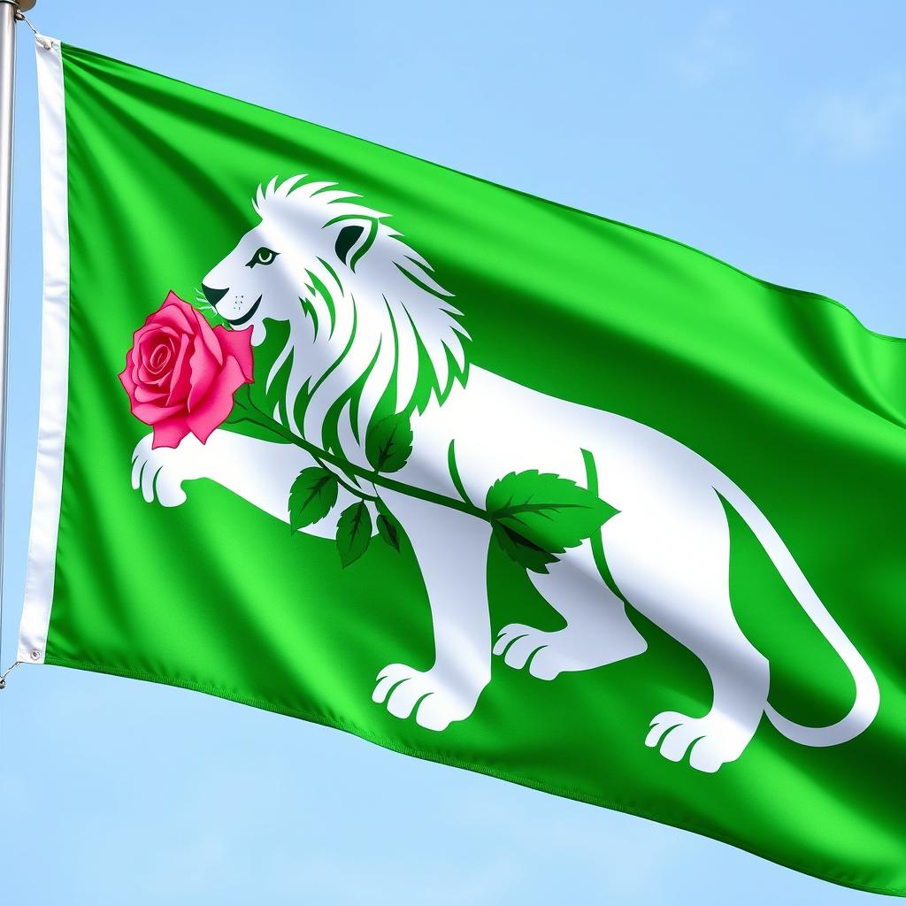 A vibrant green flag featuring a symbolic representation of a majestic white lion holding a rose in its mouth