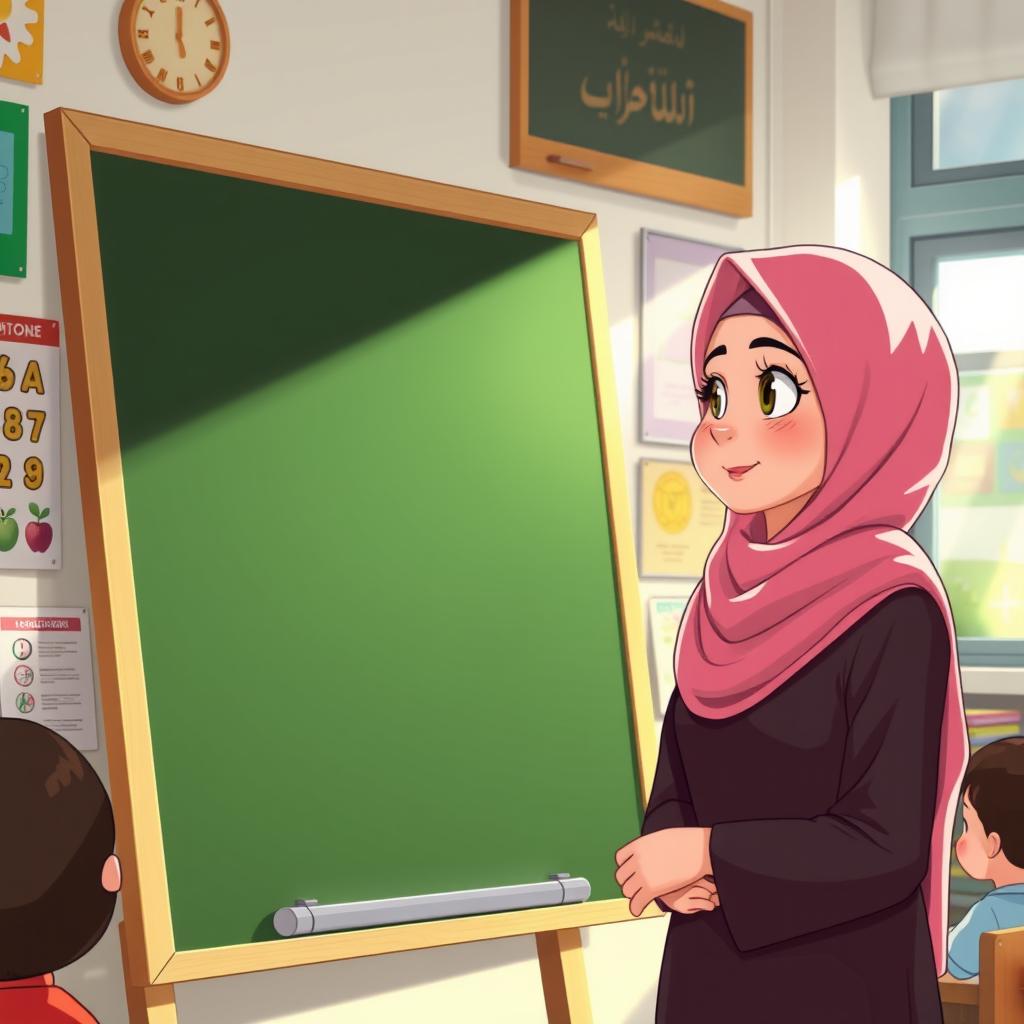 An animated illustration of an Iranian female teacher wearing a full hijab, standing next to a blank blackboard while teaching