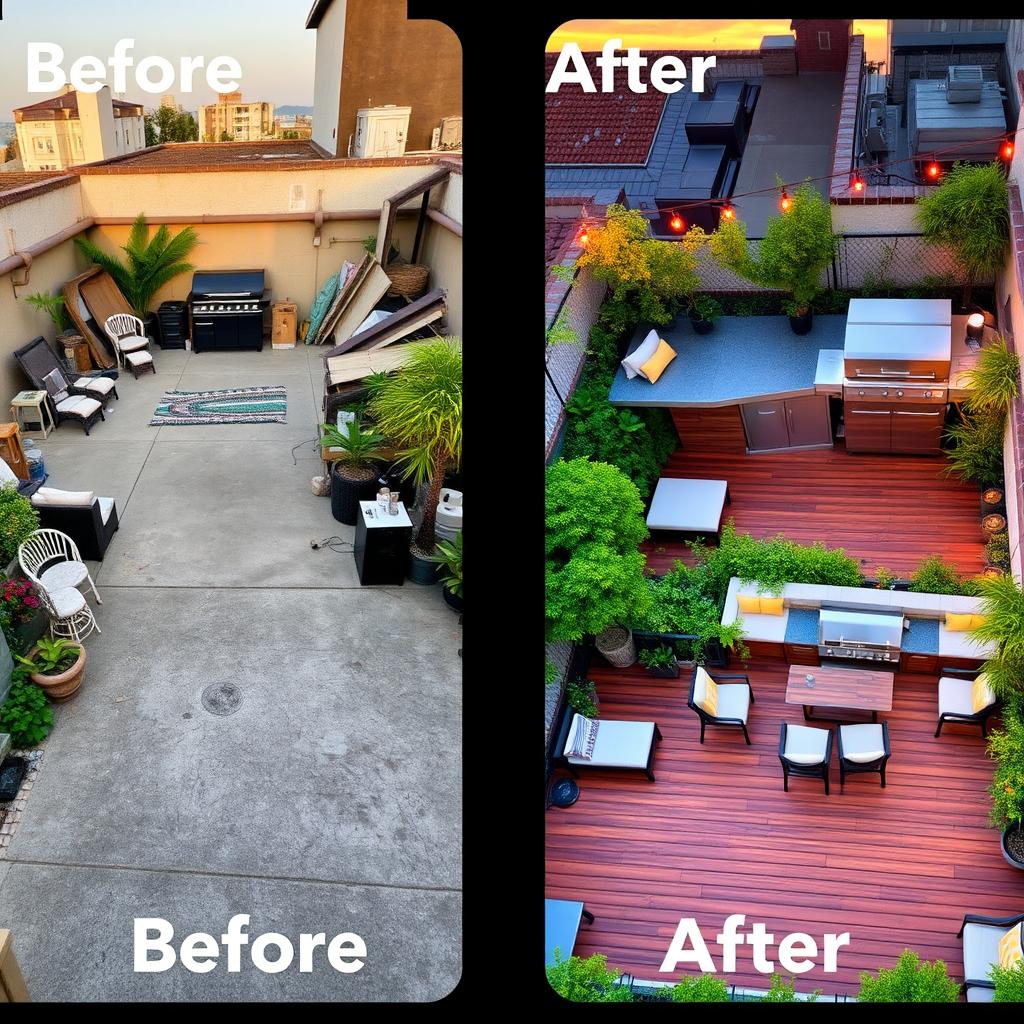 Before and after images of a rooftop terrace barbecue renovation