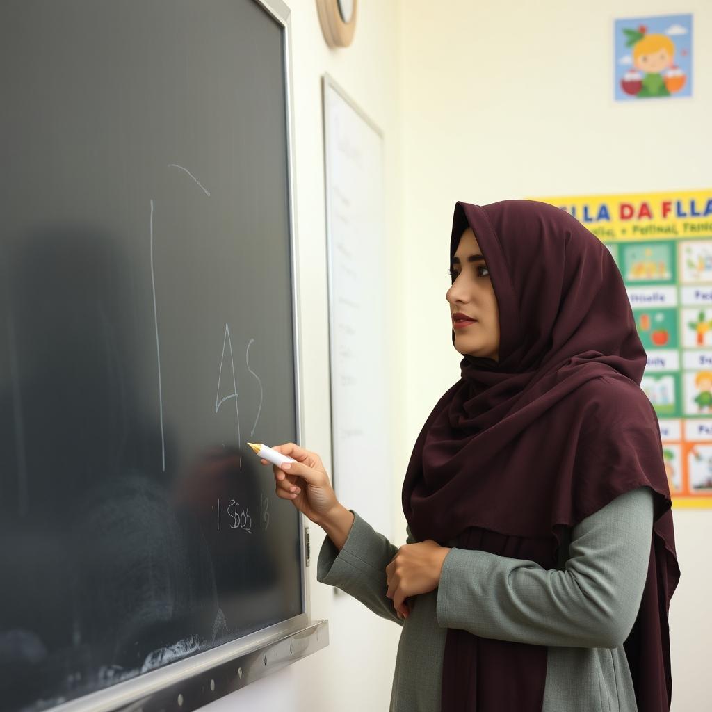 An Iranian female teacher wearing a full hijab, standing next to a blackboard