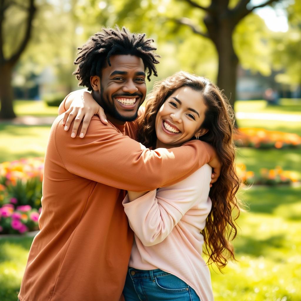 A warm, heartwarming scene of two people giving each other a friendly hug