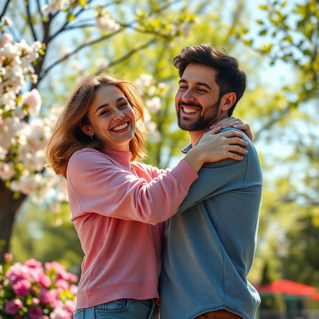 A heartwarming scene featuring two friends giving each other a warm hug in a sunlit park