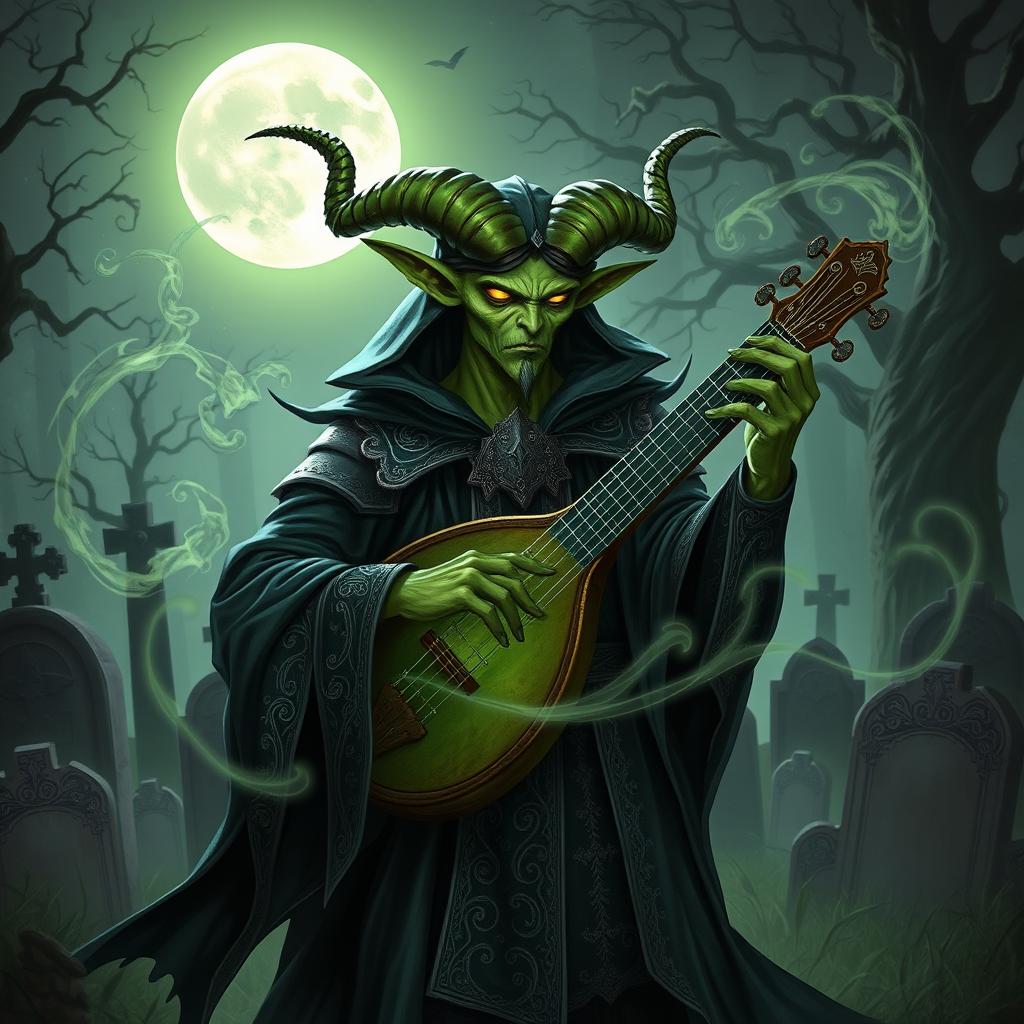 A captivating green Tiefling necromancer bard, dressed in dark, elaborate robes with intricate silver patterns, playing a mystical lute