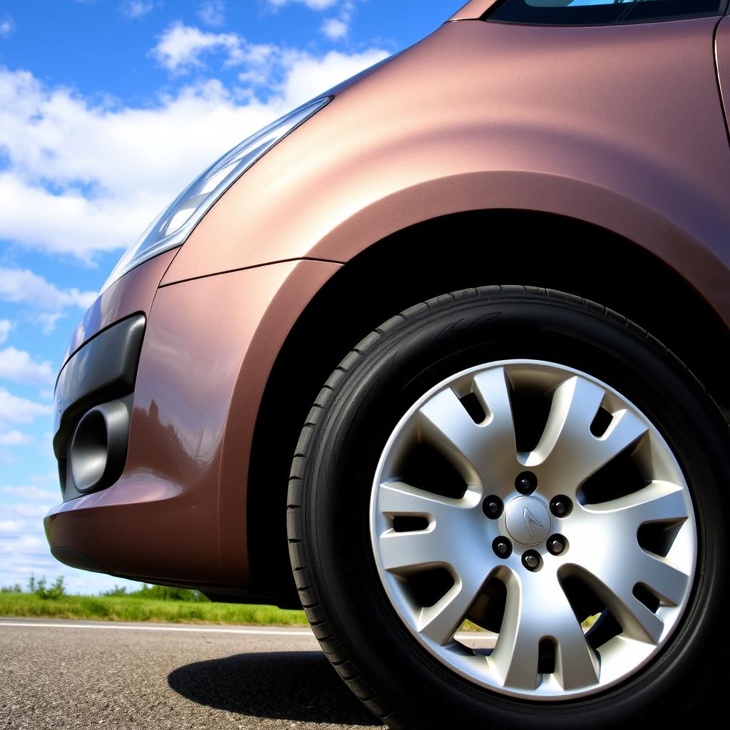 A close-up view of a 2008 Citroën C4 Picasso tire, showcasing the tire tread details, the alloy wheel design, and the overall styling of the car's body
