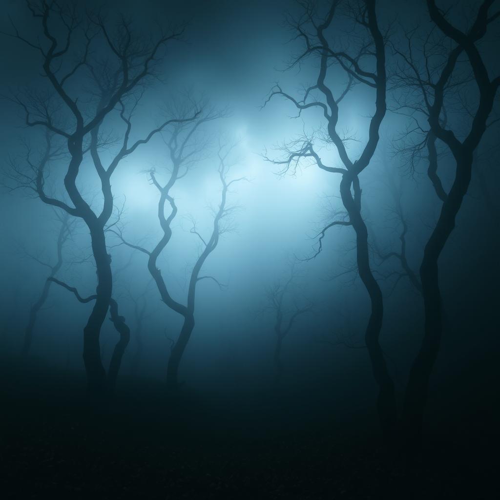A dark landscape shrouded in dense fog, enveloping a thick forest filled with twisted tree silhouettes
