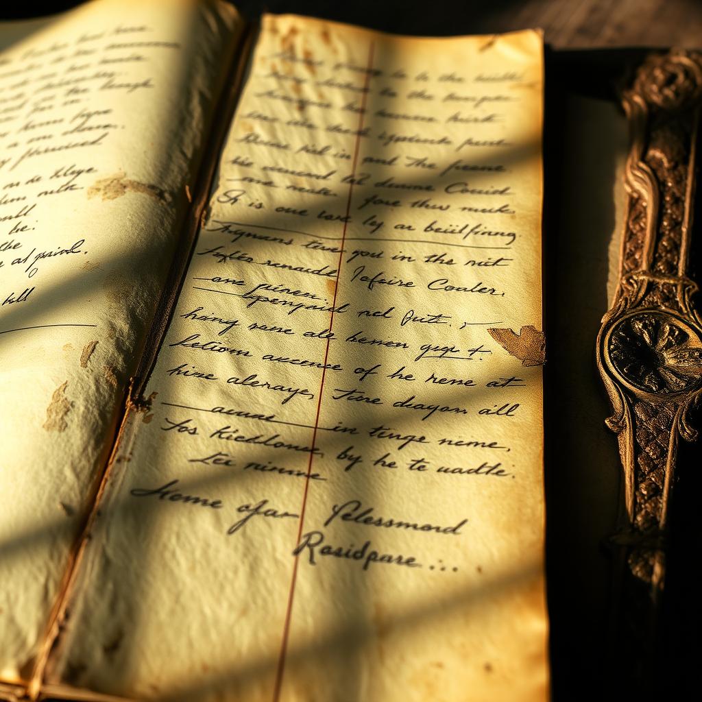 A close-up of an ancient diary, featuring yellowed pages with handwritten notes in shaky script, some pages partially stained with a dark substance