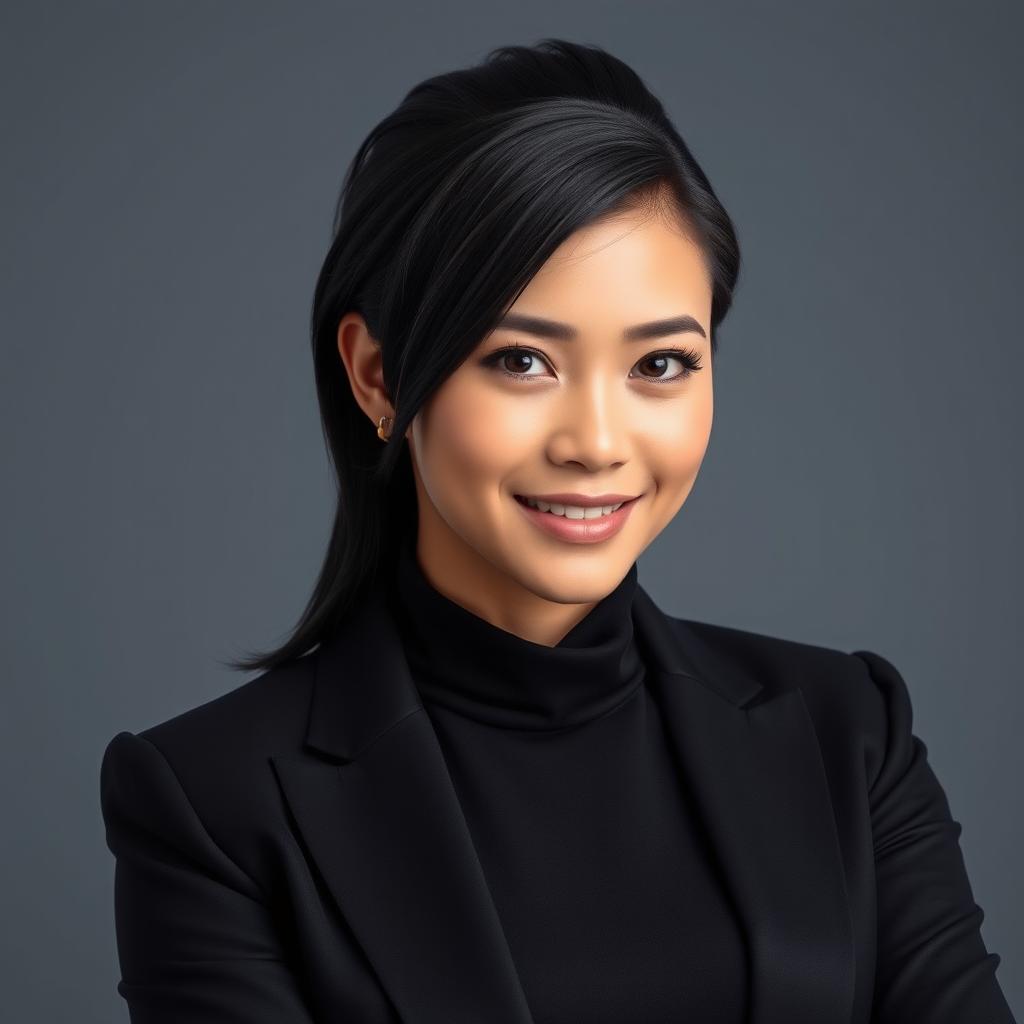 A stunning portrait of a charismatic individual with striking black hair and wearing sleek black clothing, against a professional gray background that contrasts beautifully with their outfit and hair color