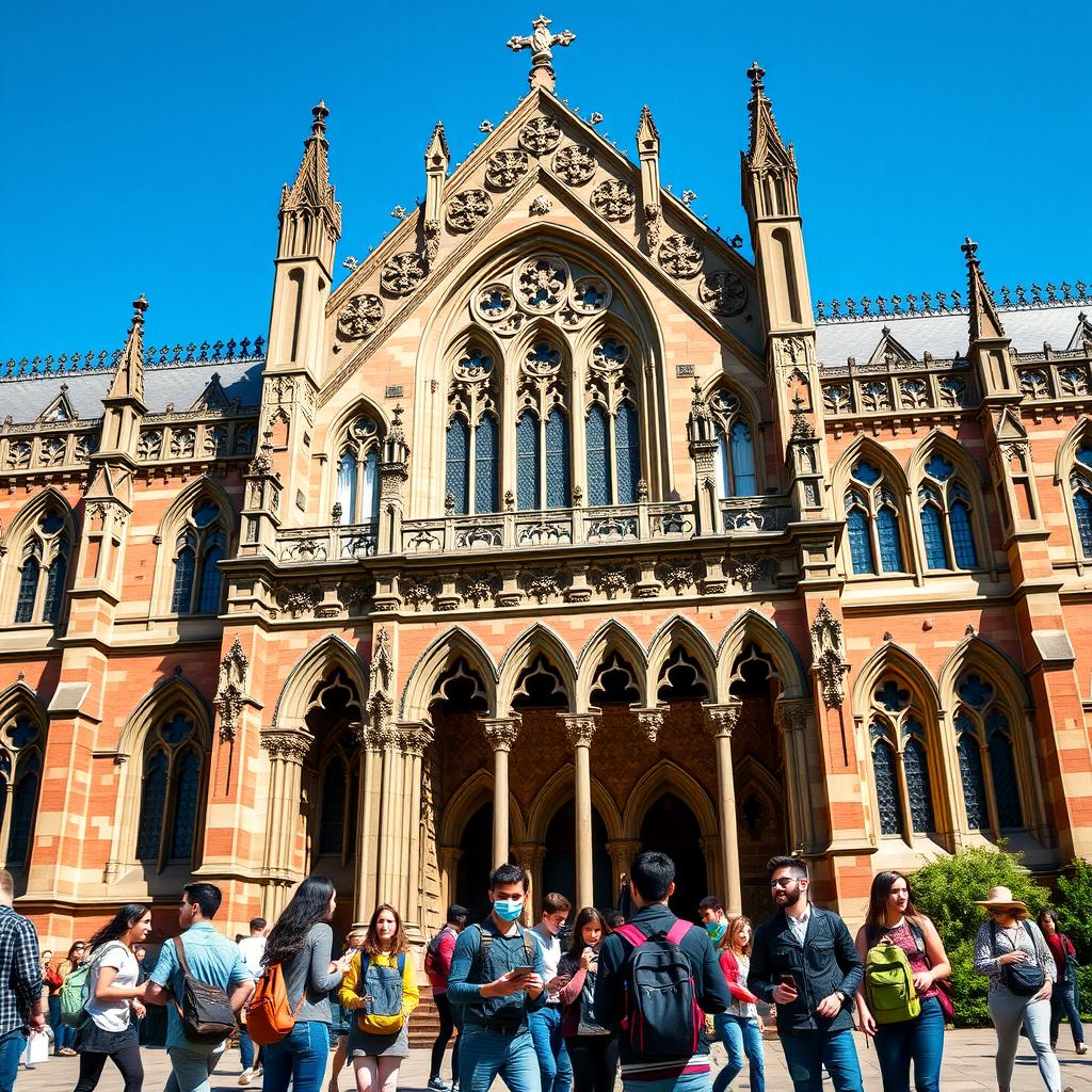 A stunning university facade showcasing intricate Gothic architecture with elaborate stone carvings, flying buttresses, and pointed arches, against a vibrant scene of modern students in contemporary fashion engaging with each other