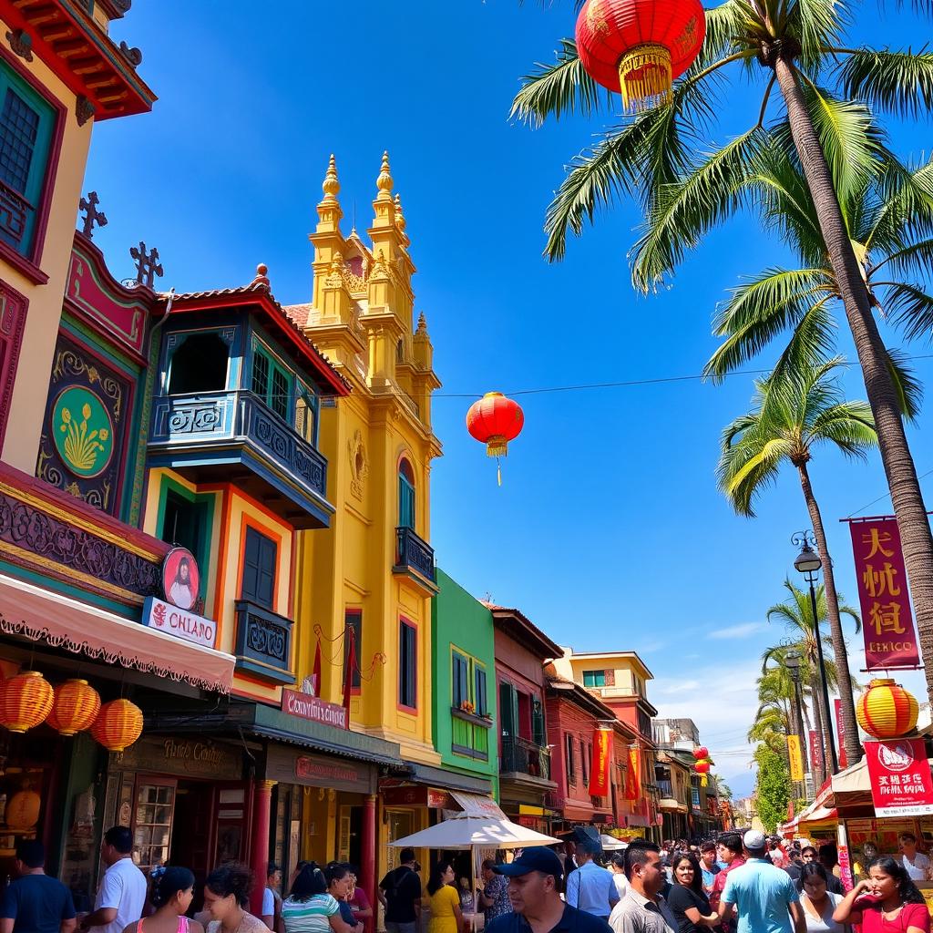 A vibrant street scene in Barrio Chino, Mexico City, showcasing traditional architecture with colorful buildings, intricate details, and ornate decorations