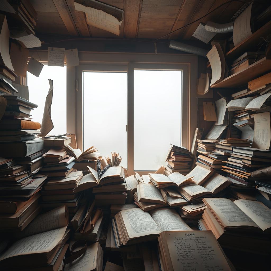 A cluttered room filled with open books, scattered notes, and a window that offers a misty, foggy view outside