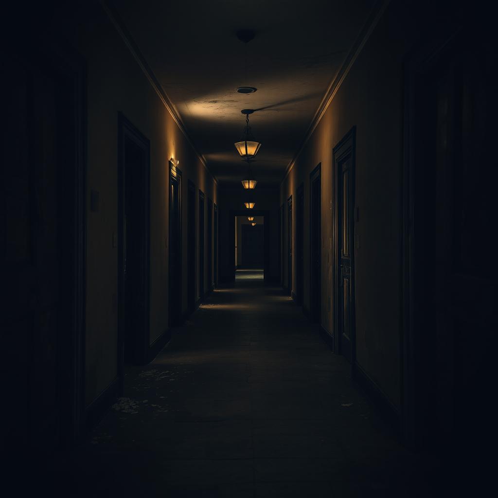 A dark and narrow hallway inside an old university building, dimly lit with flickering lights casting eerie shadows on the worn-out walls