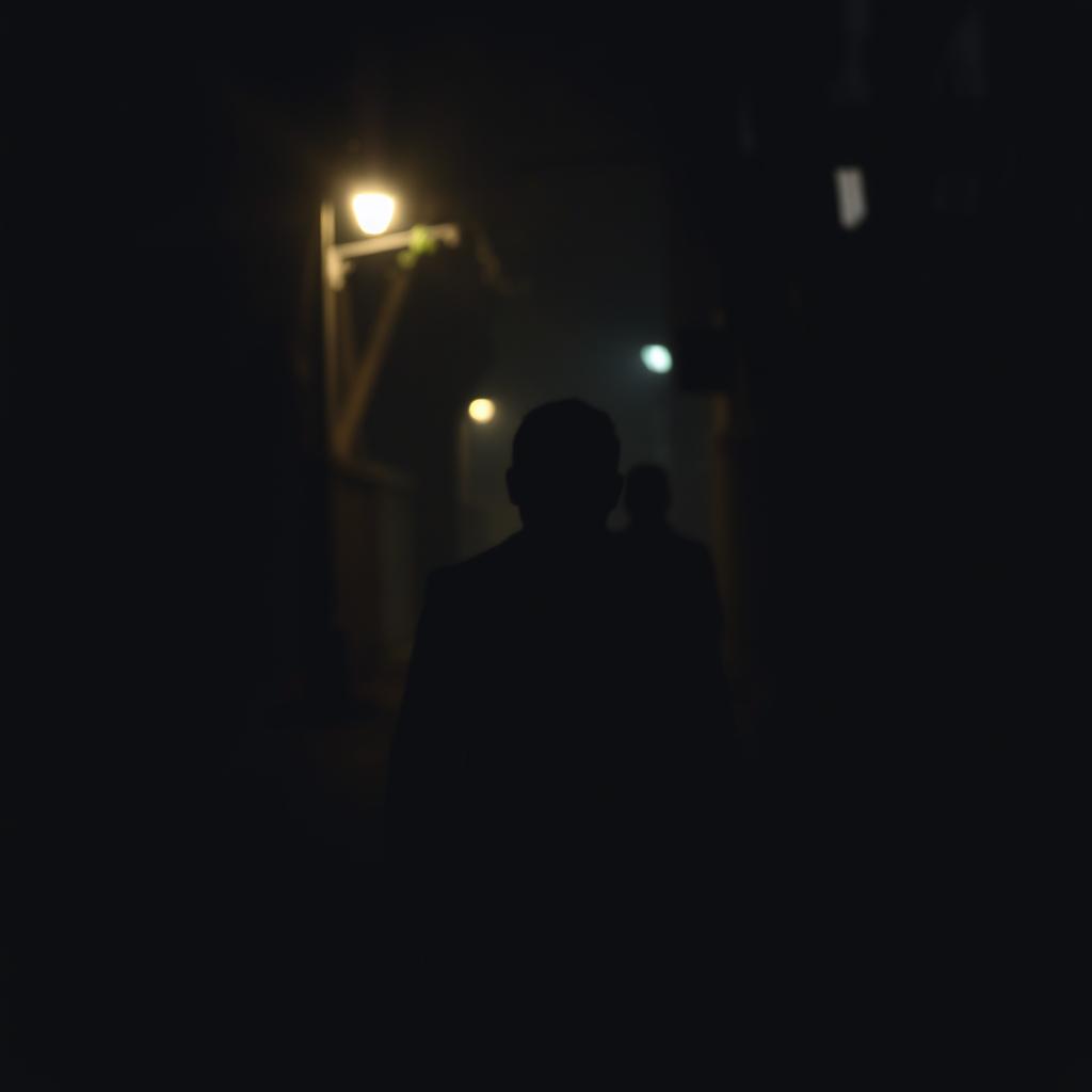 A mysterious indistinct figure observed from a distance, almost merging with the shadows