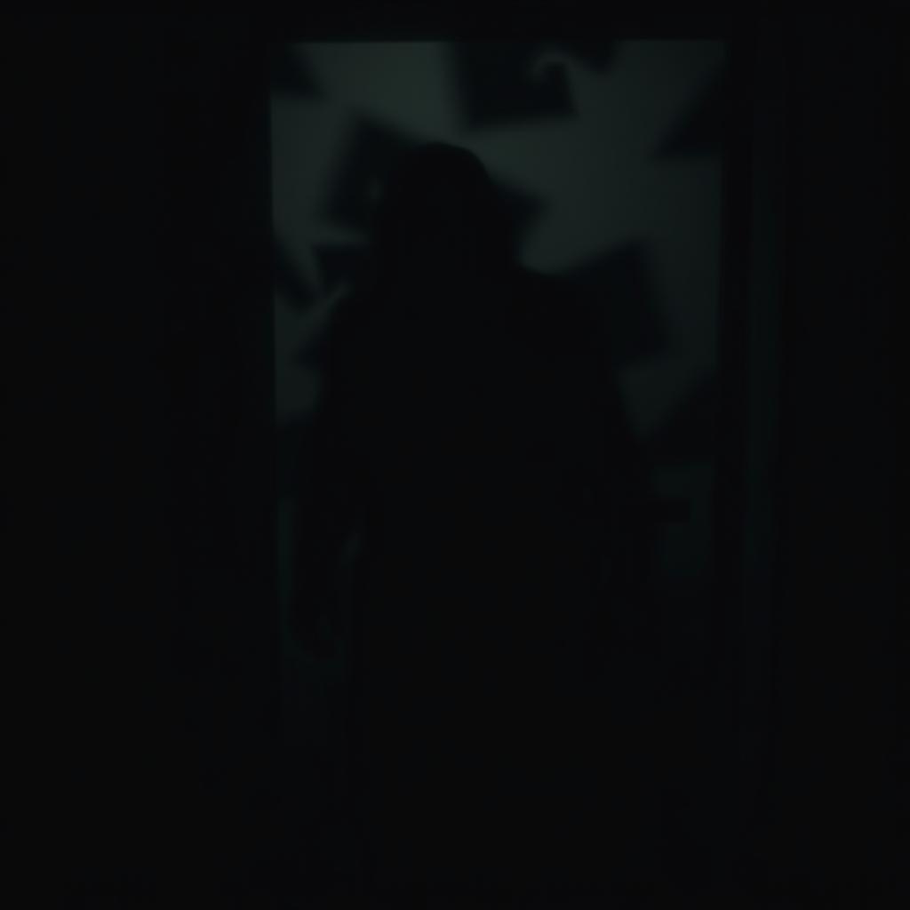 A shadowy and indistinct figure lurking in the background, almost merged with the shadows, giving off an eerie and mysterious atmosphere