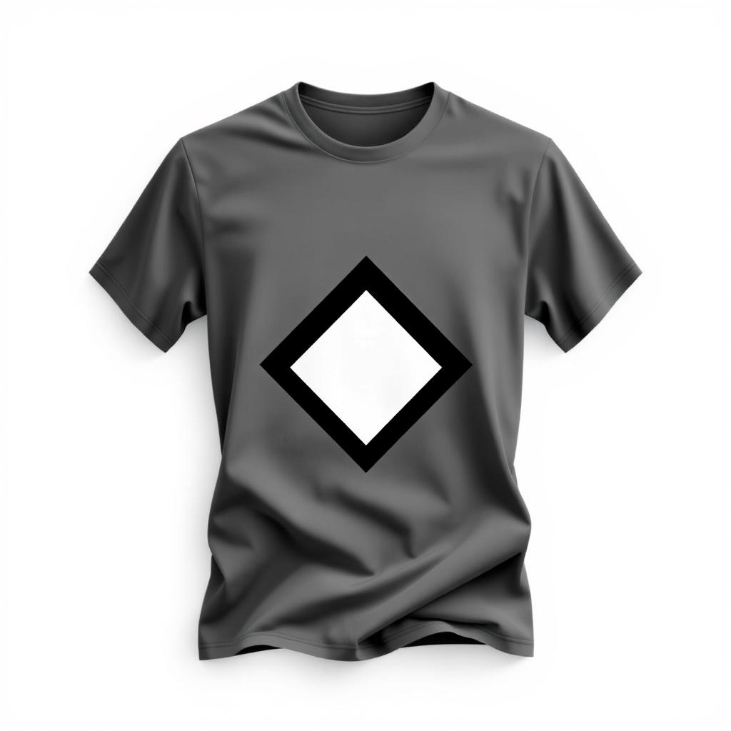 A minimalist t-shirt design, featuring a simple yet striking geometric shape in the center, with a monochromatic color palette of black and white
