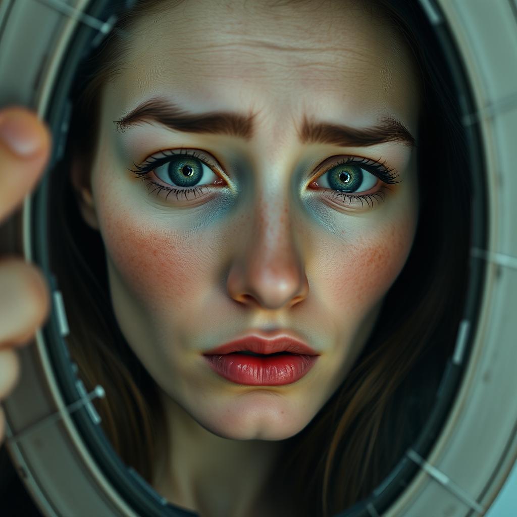 The face of a woman with an oval-shaped face, fair skin with a light rosy hue, subtle freckles on her nose and cheeks, green eyes, and dark brown hair