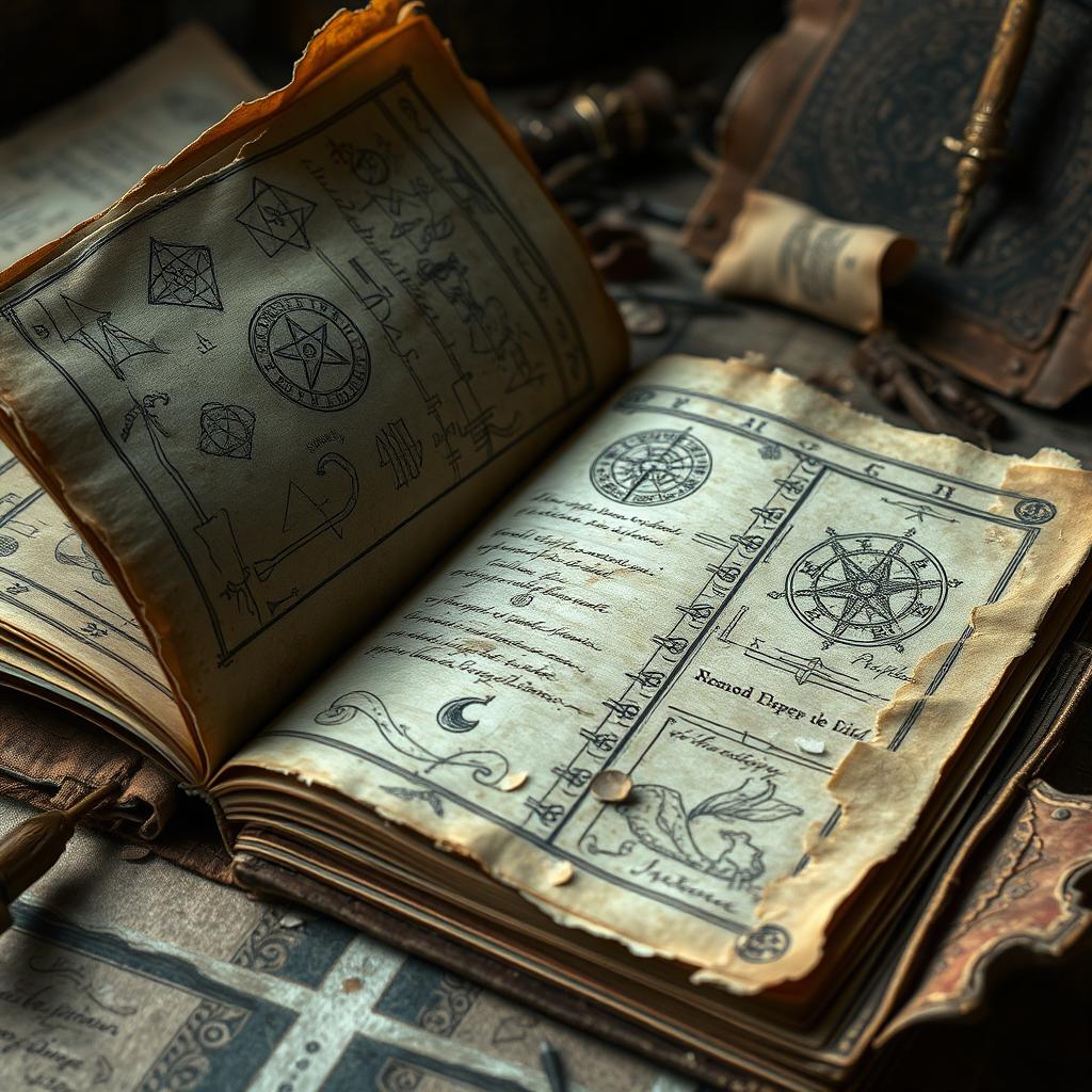 A detailed and artistic representation of an old, mysterious notebook filled with strange, cryptic symbols and drawings