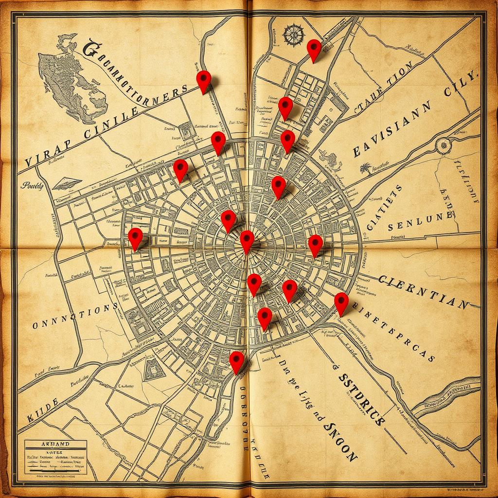 An old, vintage map of a city with intricate details and a worn-out texture