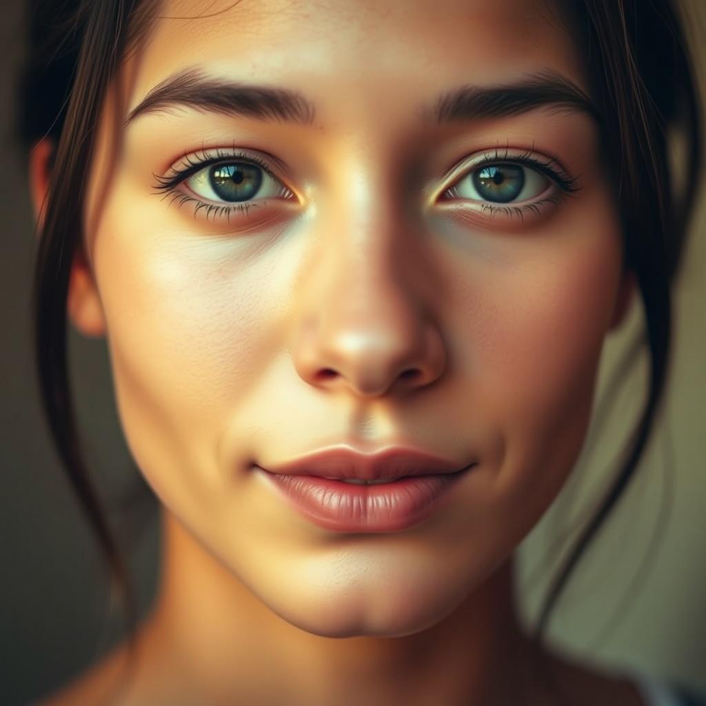 A close-up portrait of a person with a serene expression, focusing on soft facial features and smooth skin texture