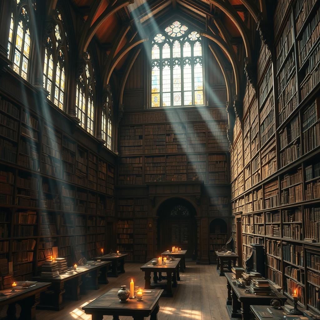 An ancient library with towering shelves filled with dusty, old books